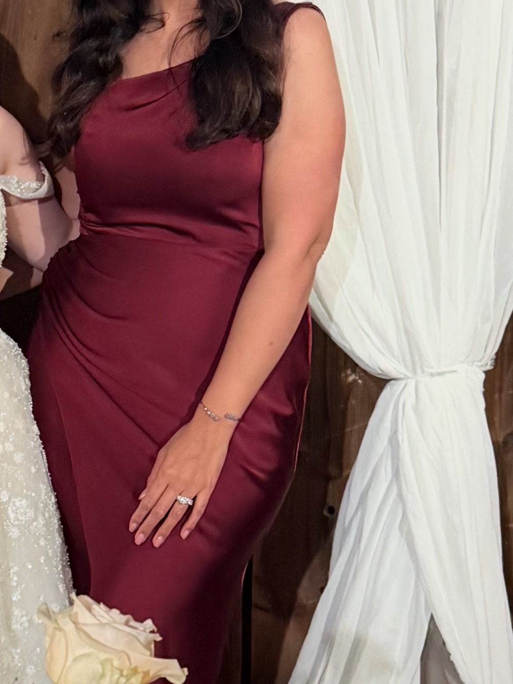 Azazie Satin Cowl Neck Evening Dress in Burgundy